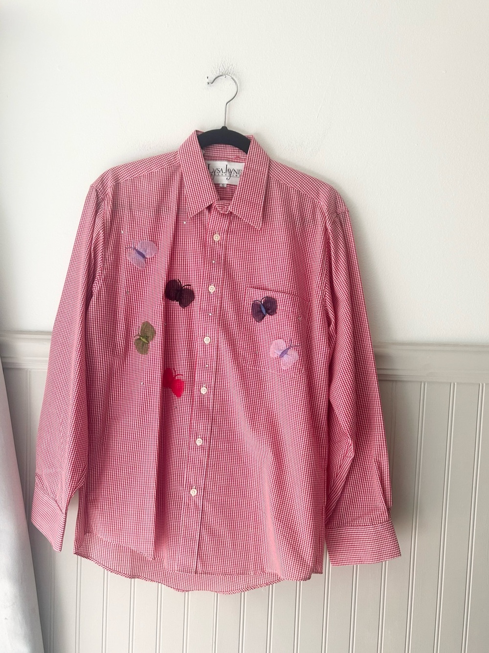 Vintage Lysa Jayne Butterfly Appliques Gingham Button Down Shirt Small
